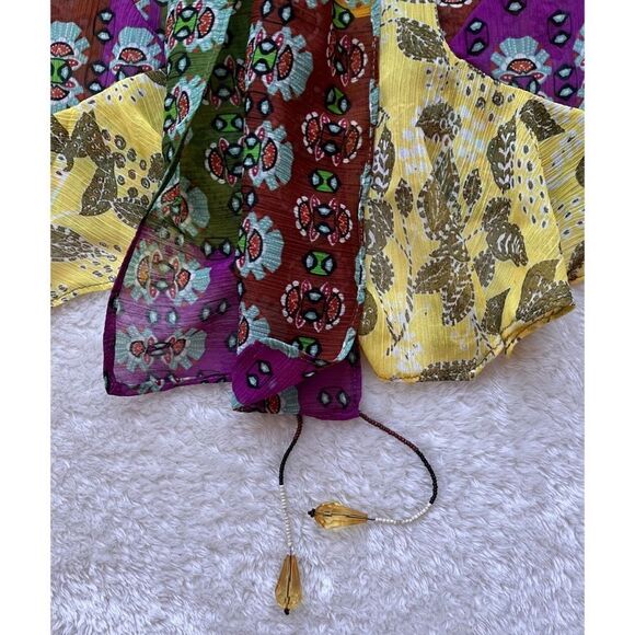 NWT Zara Multicolor Semi-Sheer Long Sleeve Tie Scarf Beaded Boho Printed Blouse - Picture 11 of 16